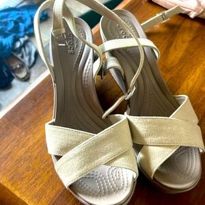 Since 9 Croc Sandals. Canvas outer and mushroom colored heel and soles.